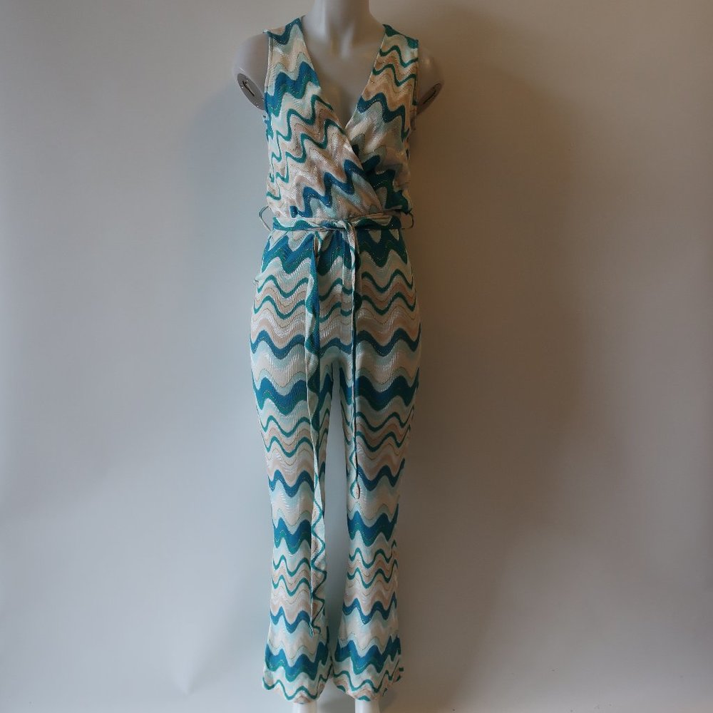 Sleeveless Wave-Print Jumpsuit in Teal and Cream